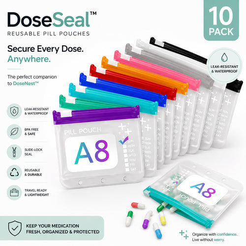 💊A8 Waterproof 14-Pouch Weekly Pill Organizer, Color-Coded Travel Storage for Vitamins & Supplements