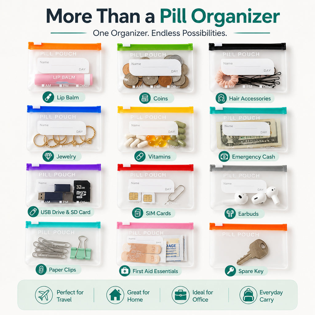 💊A8 Waterproof 14-Pouch Weekly Pill Organizer, Color-Coded Travel Storage for Vitamins & Supplements